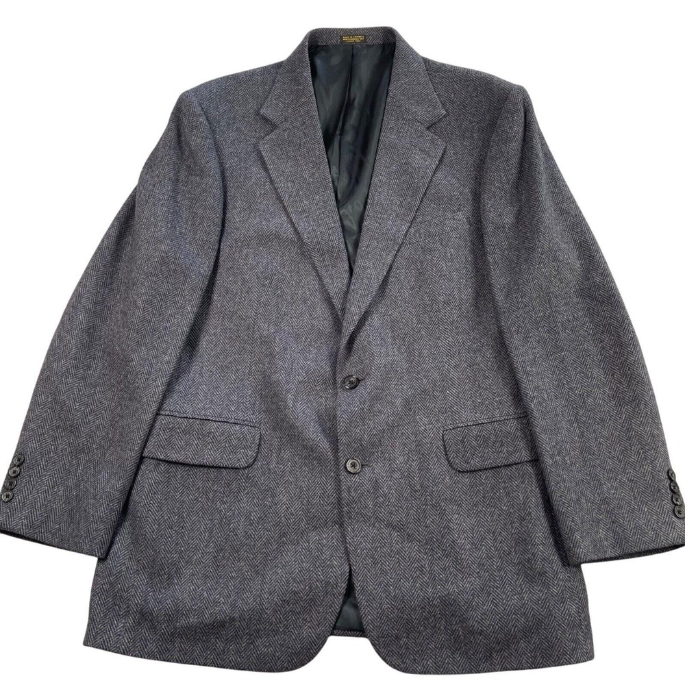 Robert Stock Sport Coat Mens 44L‎ Blue Herringbone Tweed Wool Two Button Vintage
